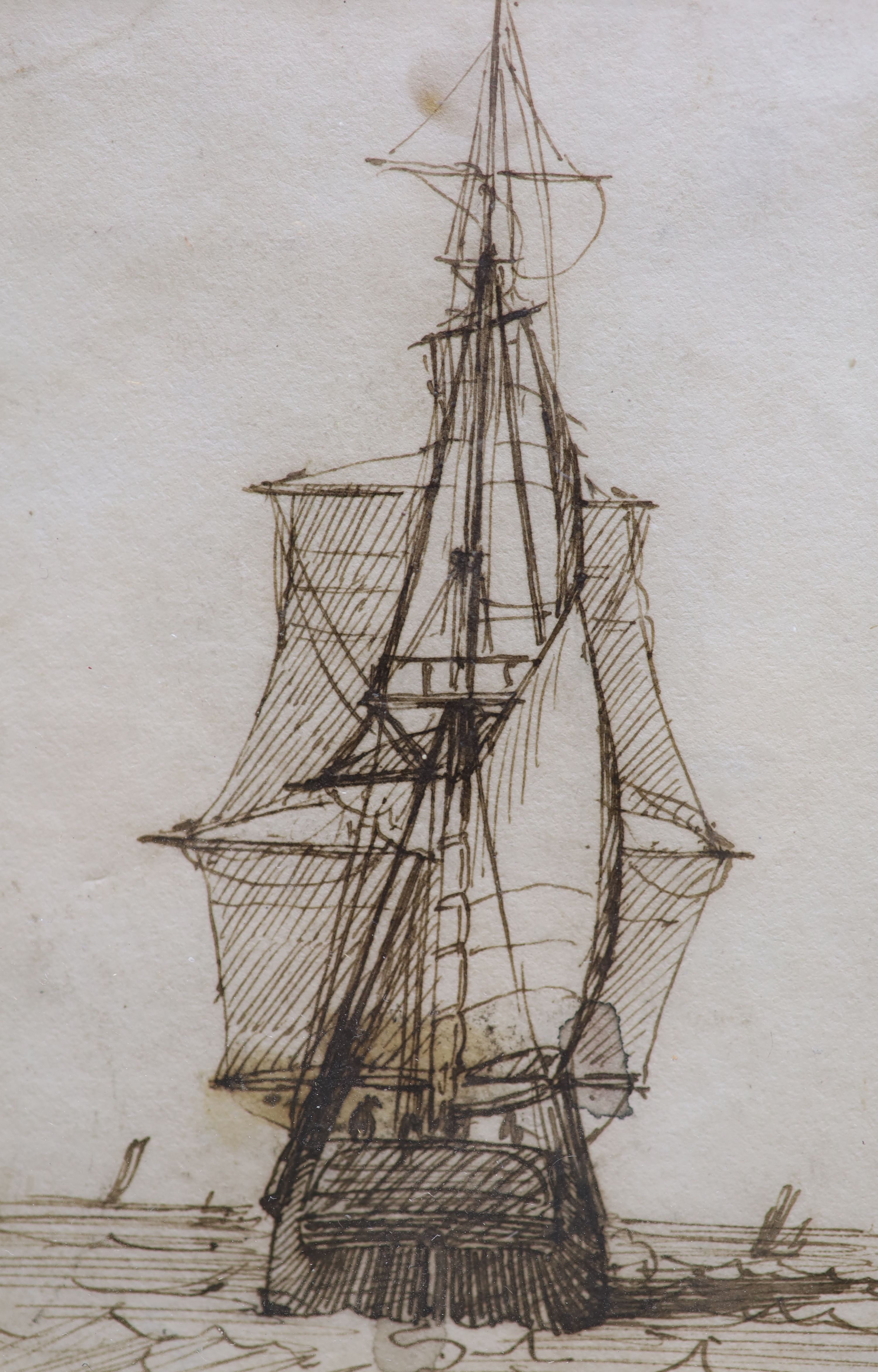 Richard Henry Nibbs (1816-1893), pen and ink drawing, Sailing ship at sea, 10 x 7cm